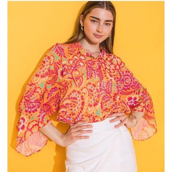 Flying Tomato Tops - Flying Tomato I'll always Remember You Woven Oversized Top Pink/Orange Floral LG
